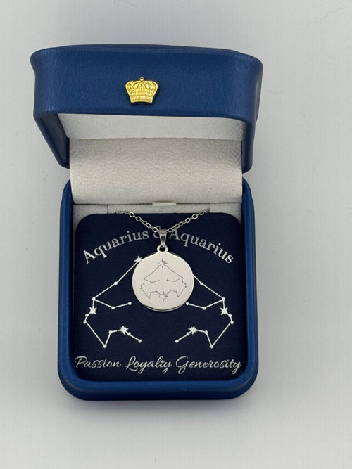 Silver Aquarius and Aquarius constellation medallion necklace in gift box with silver foil zodiac card
