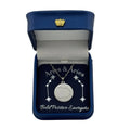 Silver Aries + Aries constellation medallion necklace in gift box with silver foil zodiac card