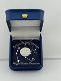 Silver Aries + Sagittarius constellation medallion necklace in gift box with silver foil zodiac card
