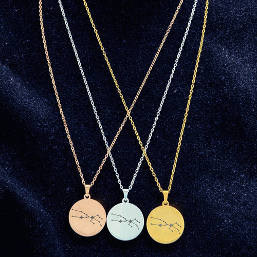 Aries + Taurus constellation medallion necklace in gold, silver, and rose gold finishes