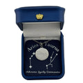 Silver Aries + Taurus constellation medallion necklace in gift box with silver foil zodiac card