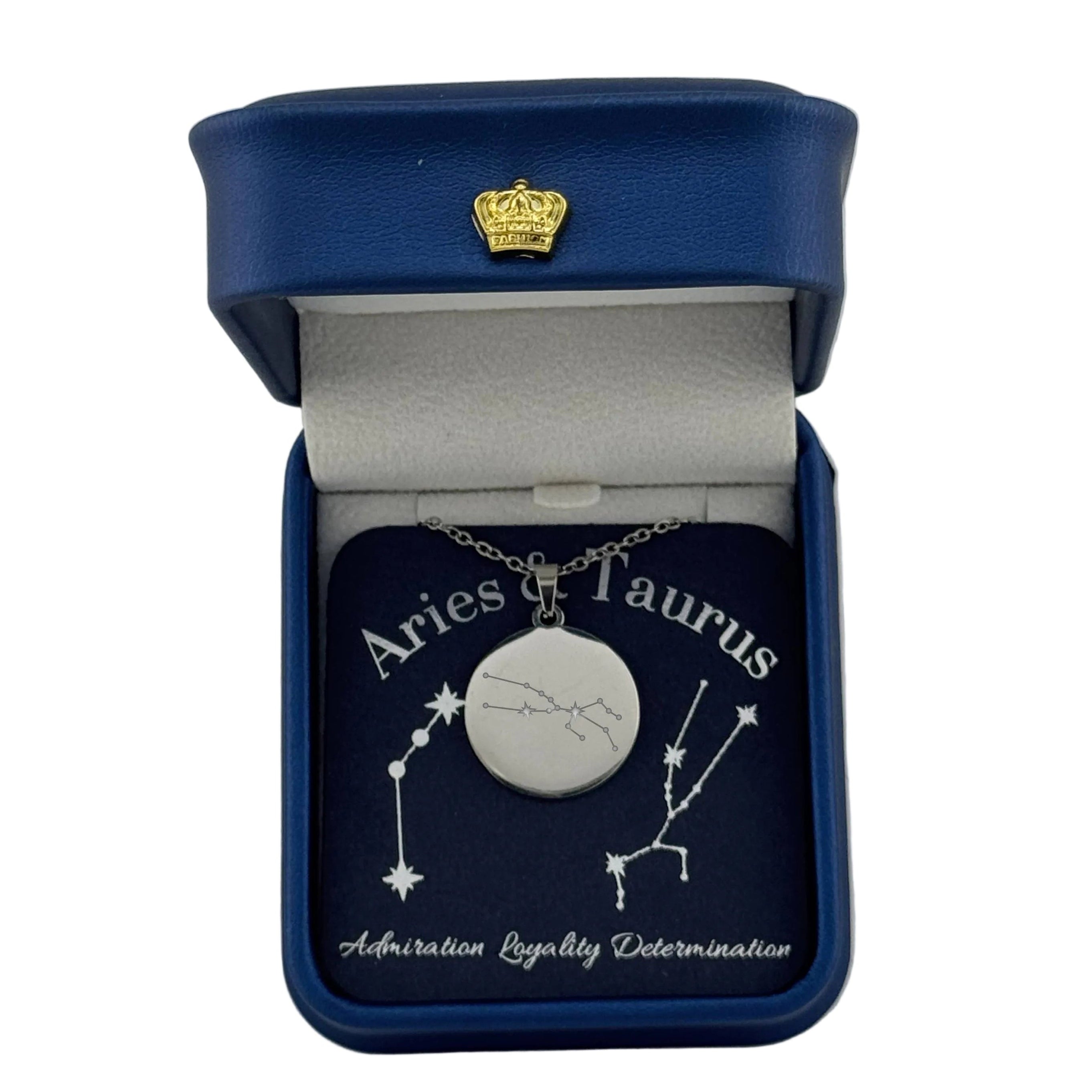 Silver Aries + Taurus constellation medallion necklace in gift box with silver foil zodiac card