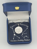 Silver Cancer and Aquarius constellation medallion necklace in gift box with silver foil zodiac card
