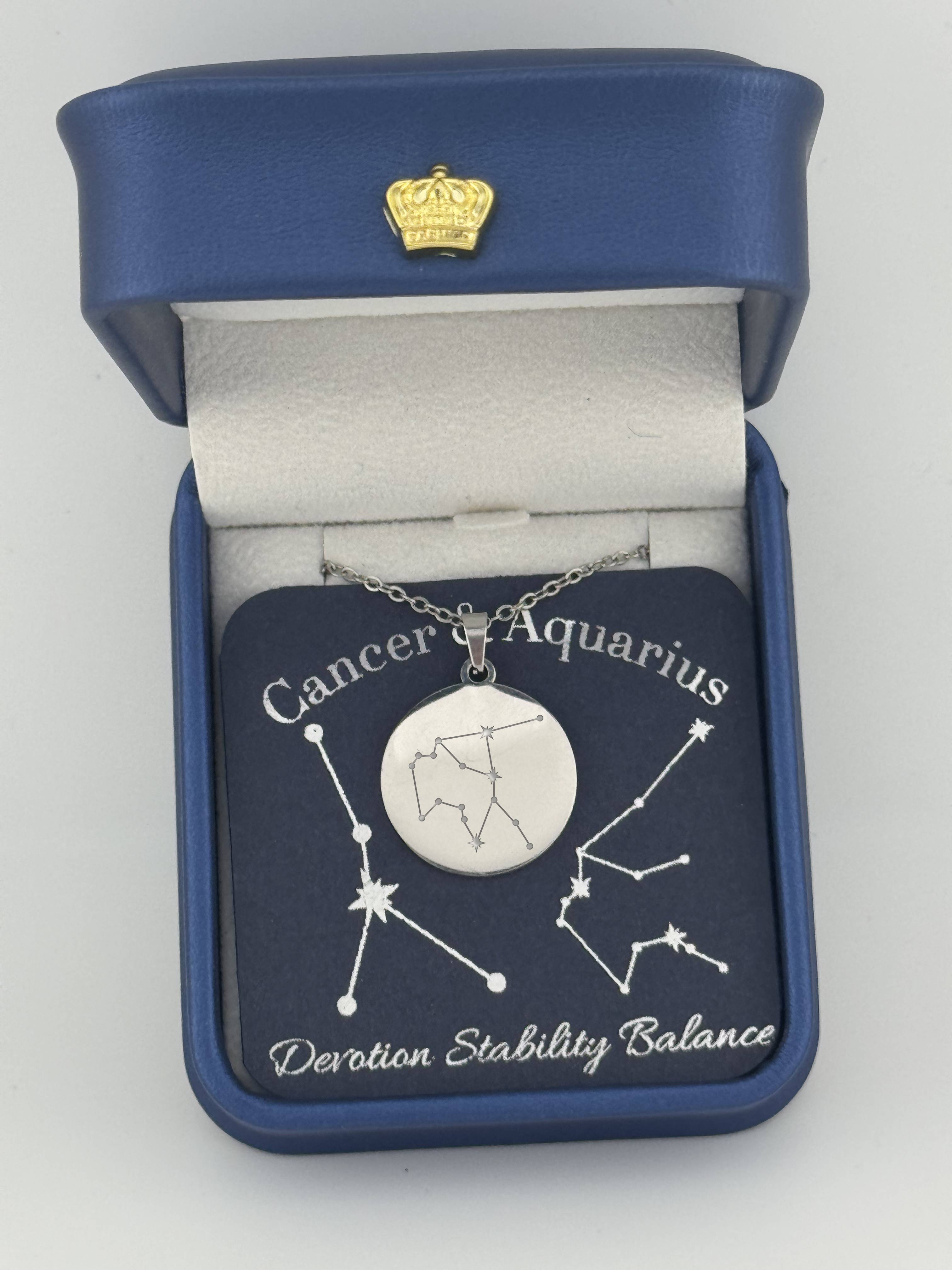 Silver Cancer and Aquarius constellation medallion necklace in gift box with silver foil zodiac card
