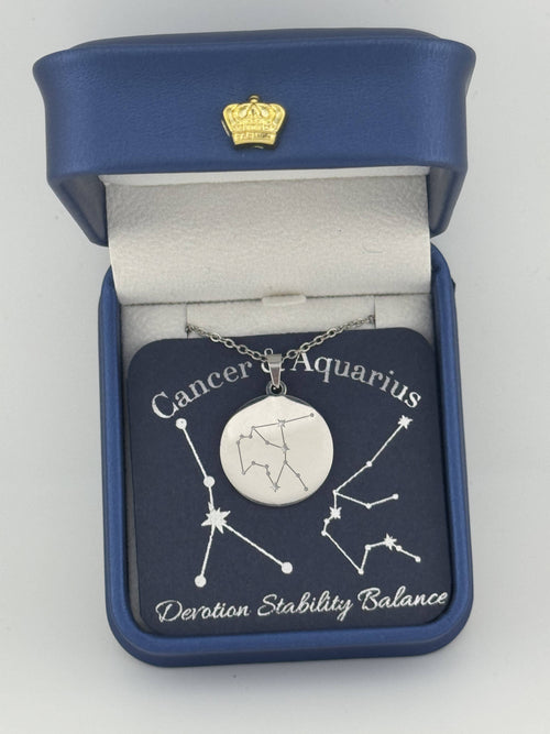 Silver Cancer and Aquarius constellation medallion necklace in gift box with silver foil zodiac card
