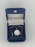 Silver Cancer + Cancer constellation medallion necklace in gift box with silver foil zodiac card
