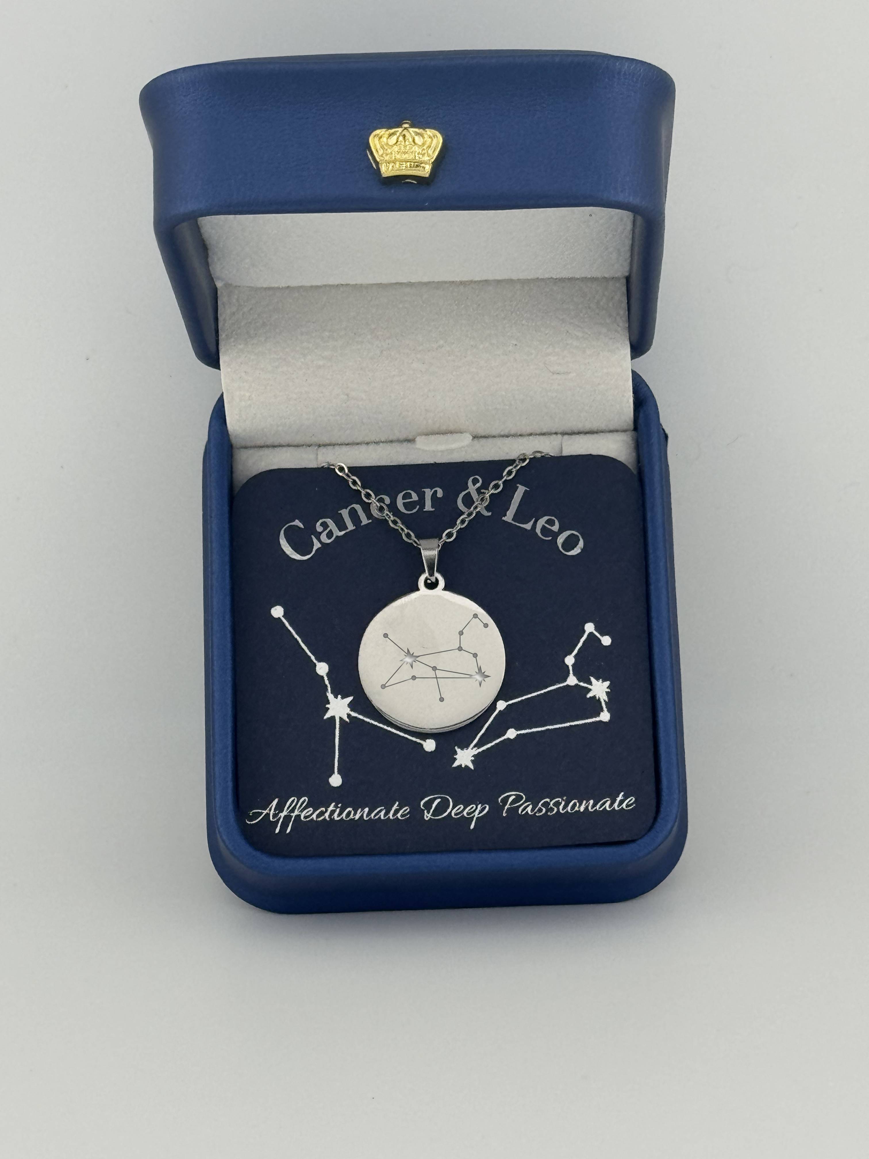  Silver Cancer and Leo constellation medallion necklace in gift box with silver foil zodiac card
