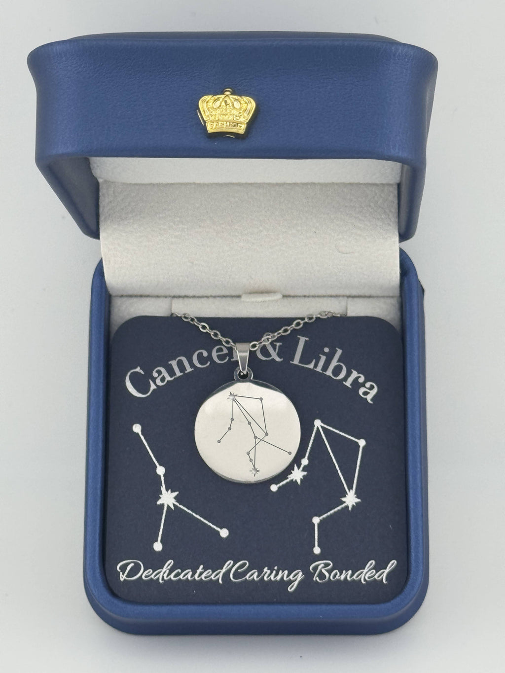 Silver Cancer and Libra constellation medallion necklace in gift box with silver foil zodiac card
