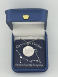 Silver Cancer and Pisces constellation medallion necklace in gift box with silver foil zodiac card
