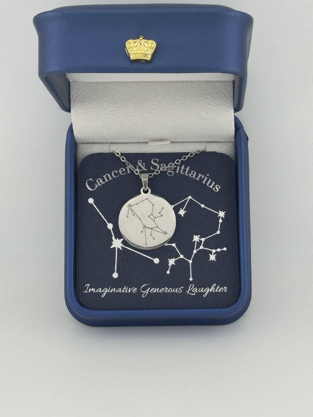  Silver Cancer and Sagittarius constellation medallion necklace in gift box with silver foil zodiac card
