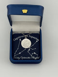  Silver Capricorn and Aquarius constellation medallion necklace in gift box with silver foil zodiac card
