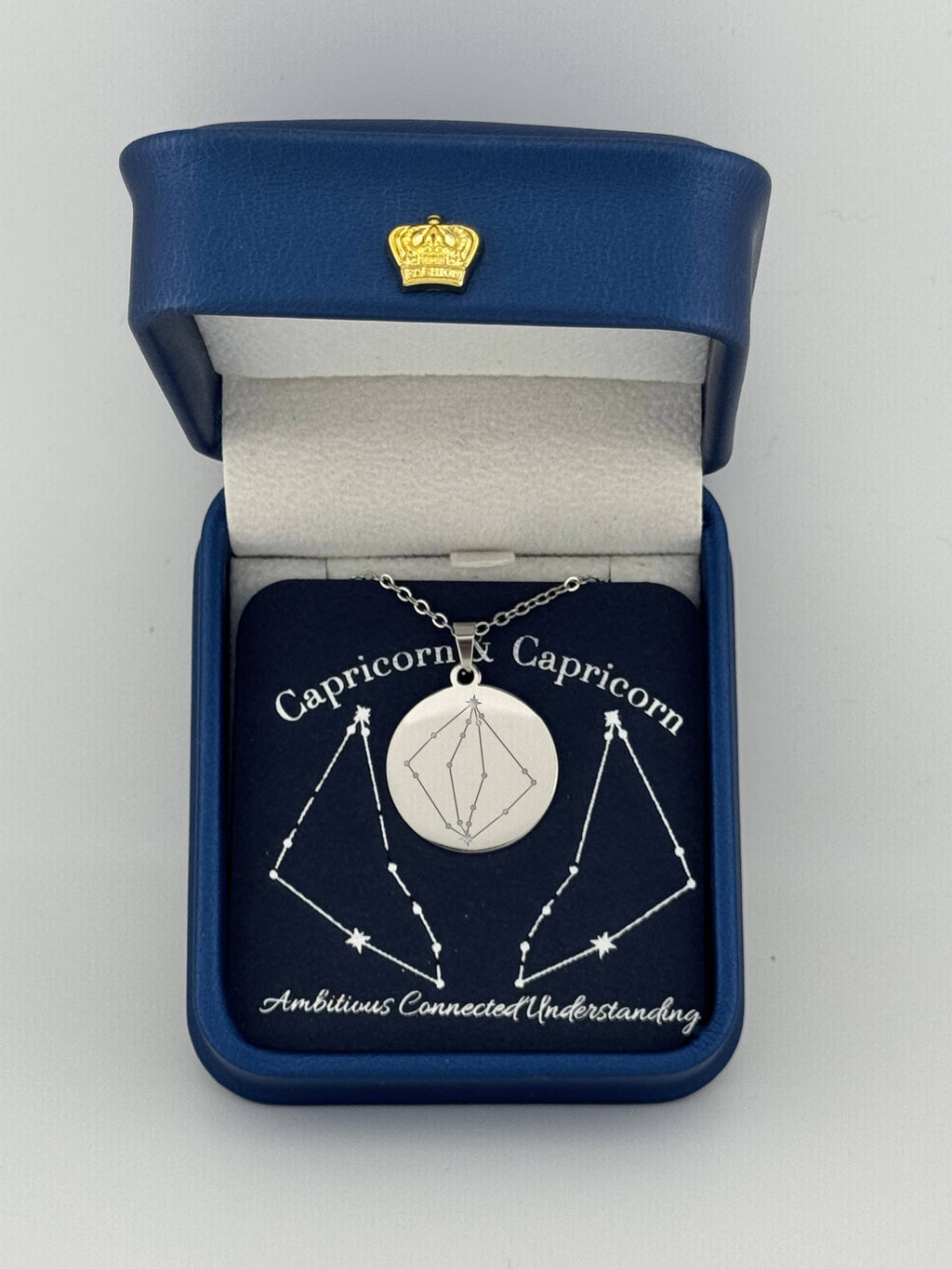 Silver Capricorn and Capricorn constellation medallion necklace in gift box with silver foil zodiac card
