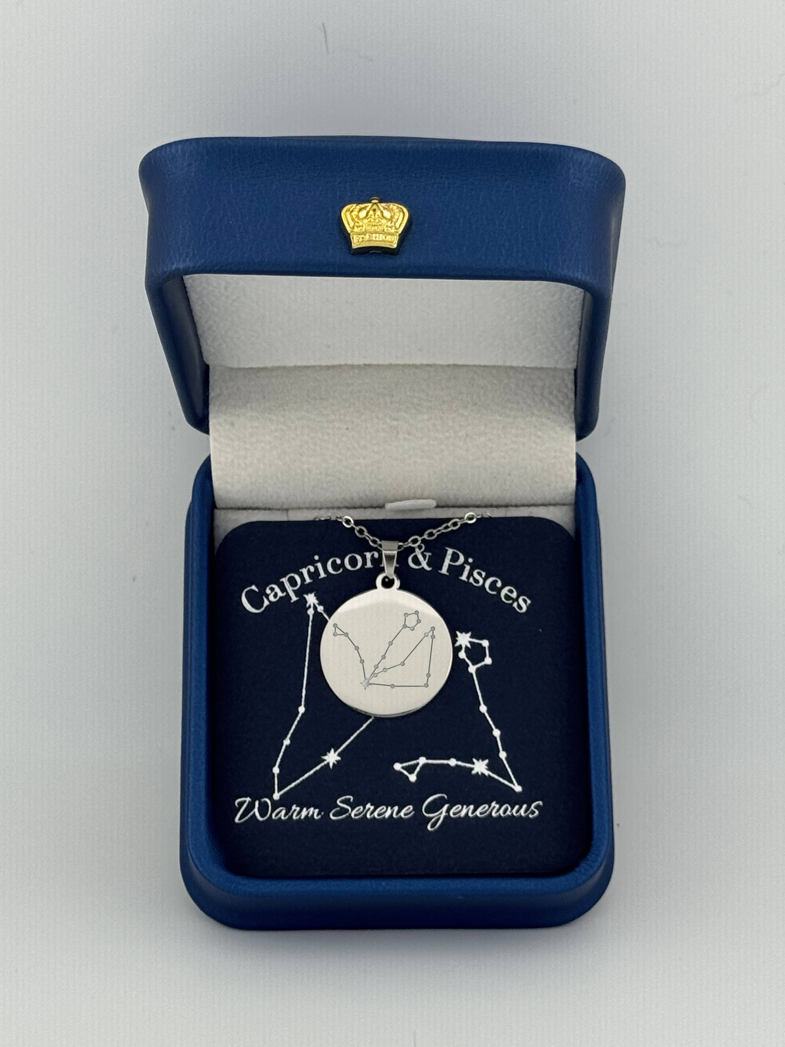  Silver Capricorn and Pisces constellation medallion necklace in gift box with silver foil zodiac card
