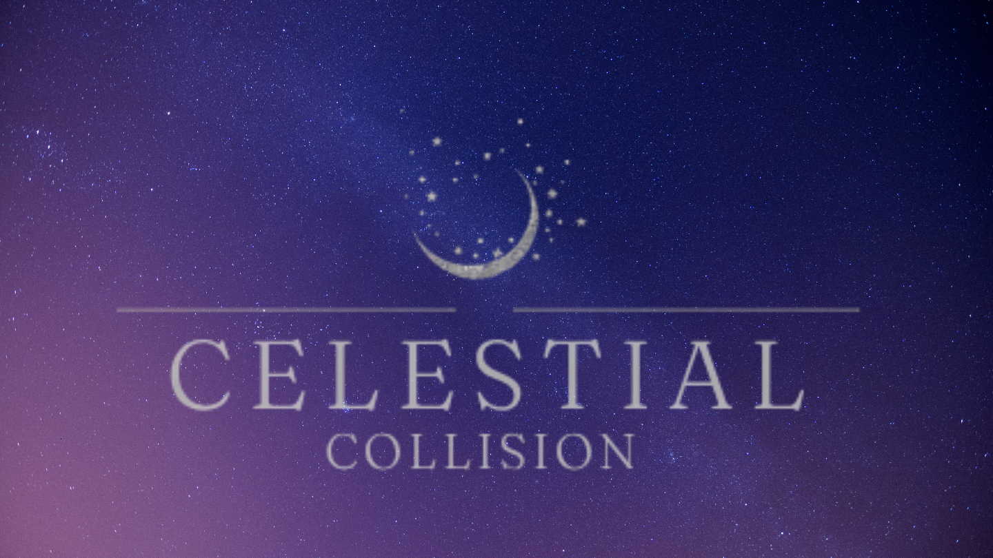 A square graphic with a starry purple and blue galaxy background, featuring a crescent moon and stars emblem above the text 'CELESTIAL COLLISION' in a light gray serif font.