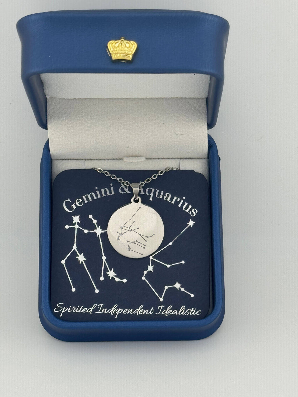  Silver Gemini and Aquarius constellation medallion necklace in gift box with silver foil zodiac card
