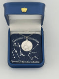  Silver Gemini and Aquarius constellation medallion necklace in gift box with silver foil zodiac card
