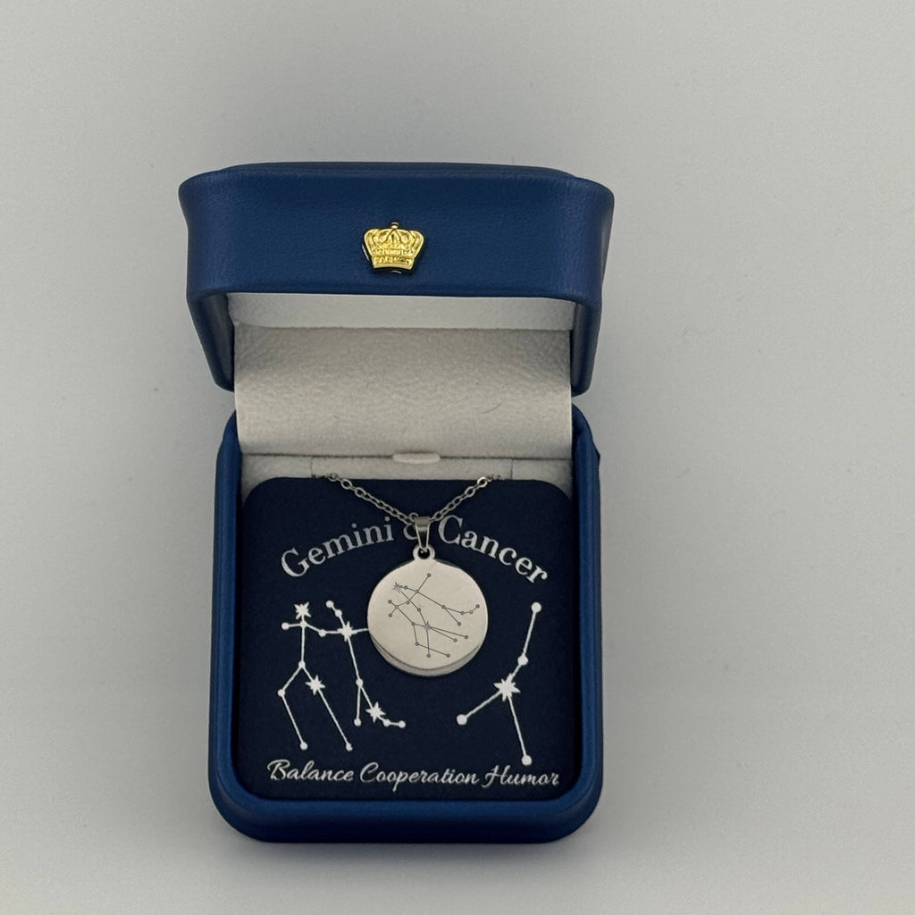  Silver Gemini + Cancer constellation medallion necklace in gift box with silver foil zodiac card
