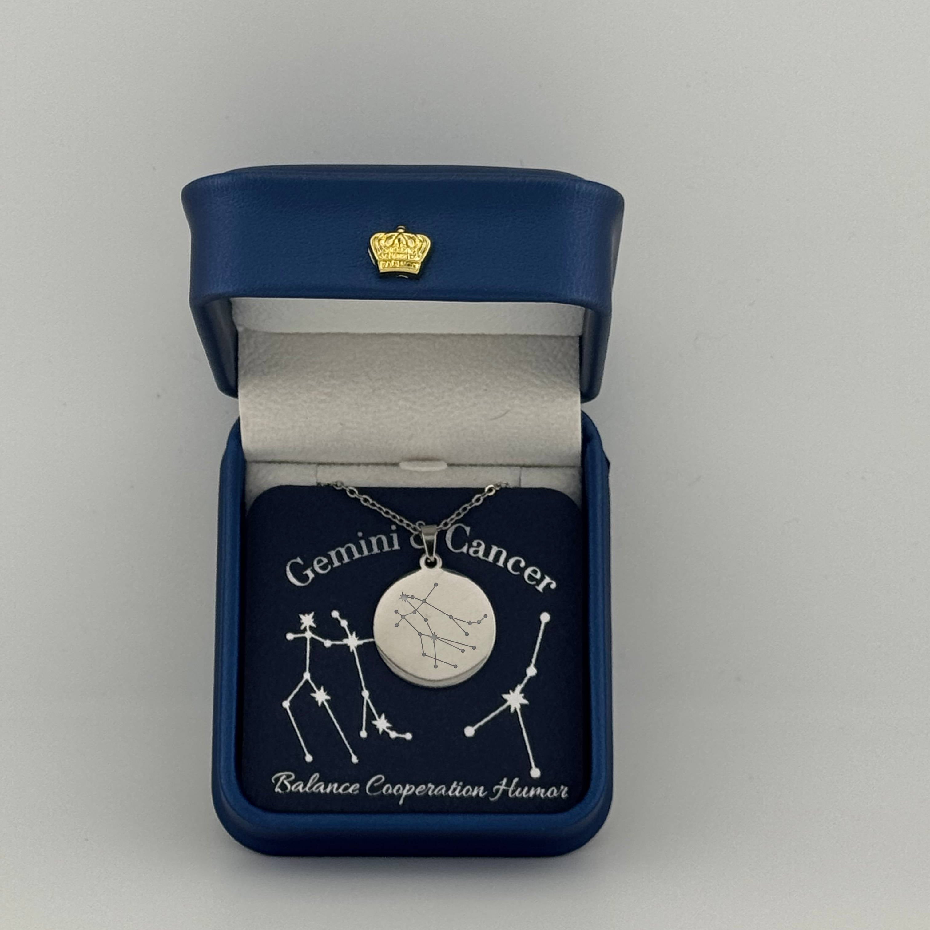  Silver Gemini + Cancer constellation medallion necklace in gift box with silver foil zodiac card
