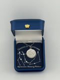 Silver Gemini and Capricorn constellation medallion necklace in gift box with silver foil zodiac card
