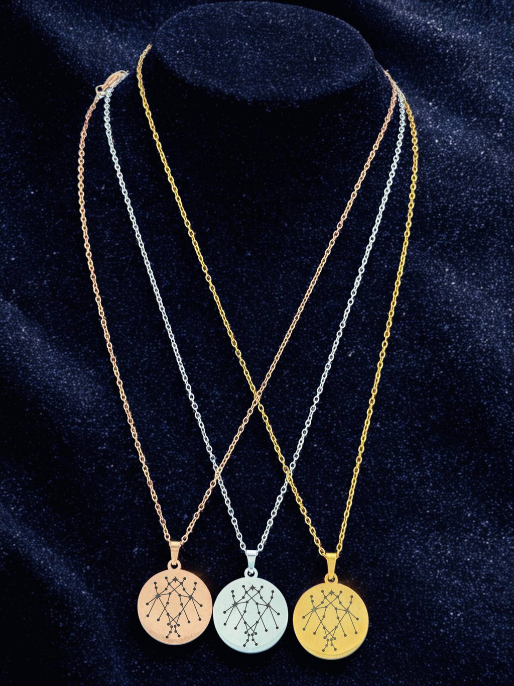 Gemini + Gemini constellation medallion necklace in gold, silver, and rose gold finishes