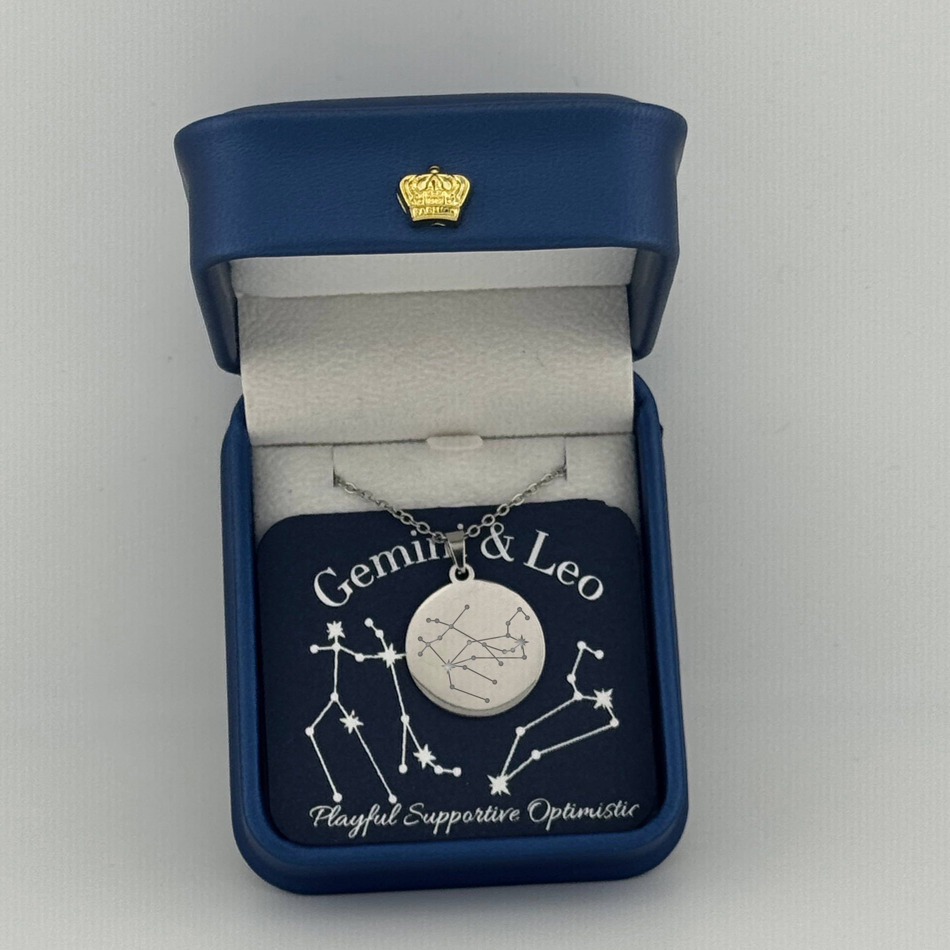  Silver Gemini + Leo constellation medallion necklace in gift box with silver foil zodiac card