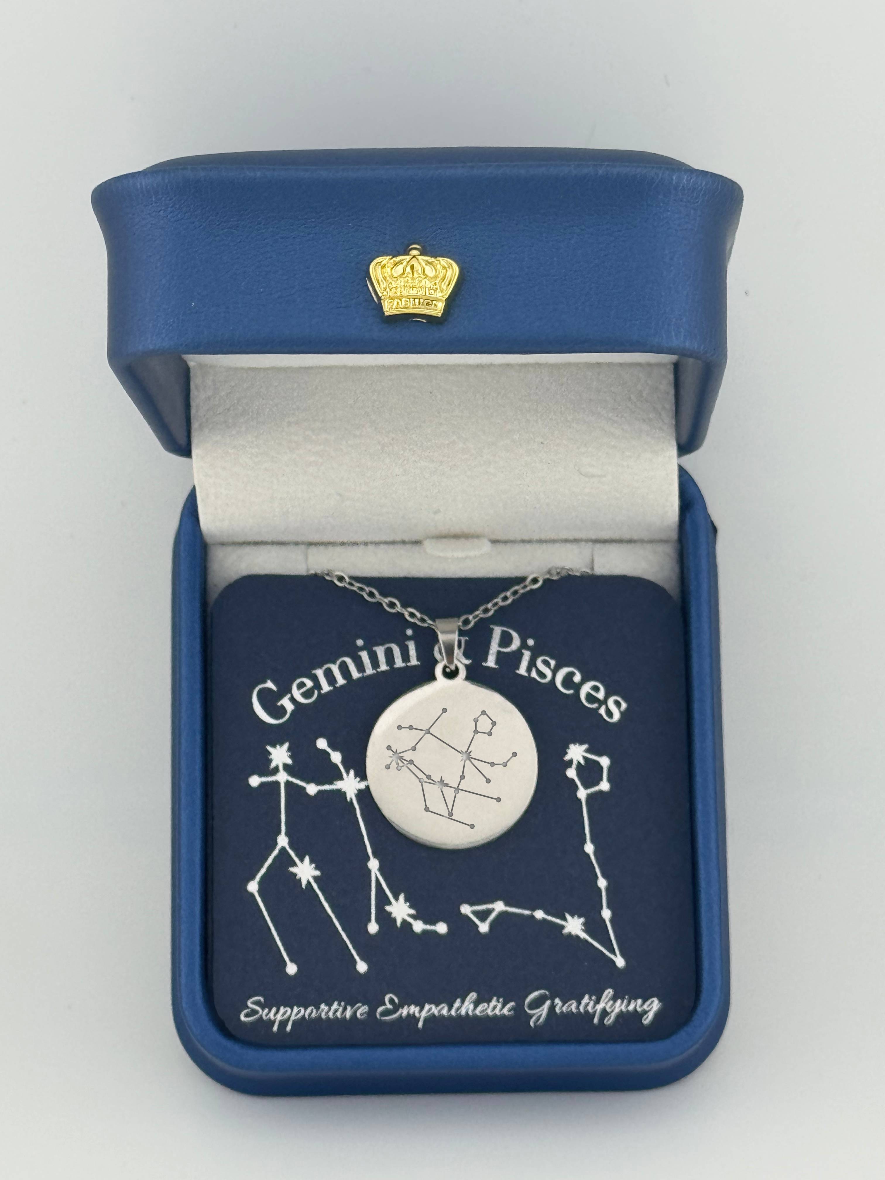  Silver Gemini and Pisces constellation medallion necklace in gift box with silver foil zodiac card
