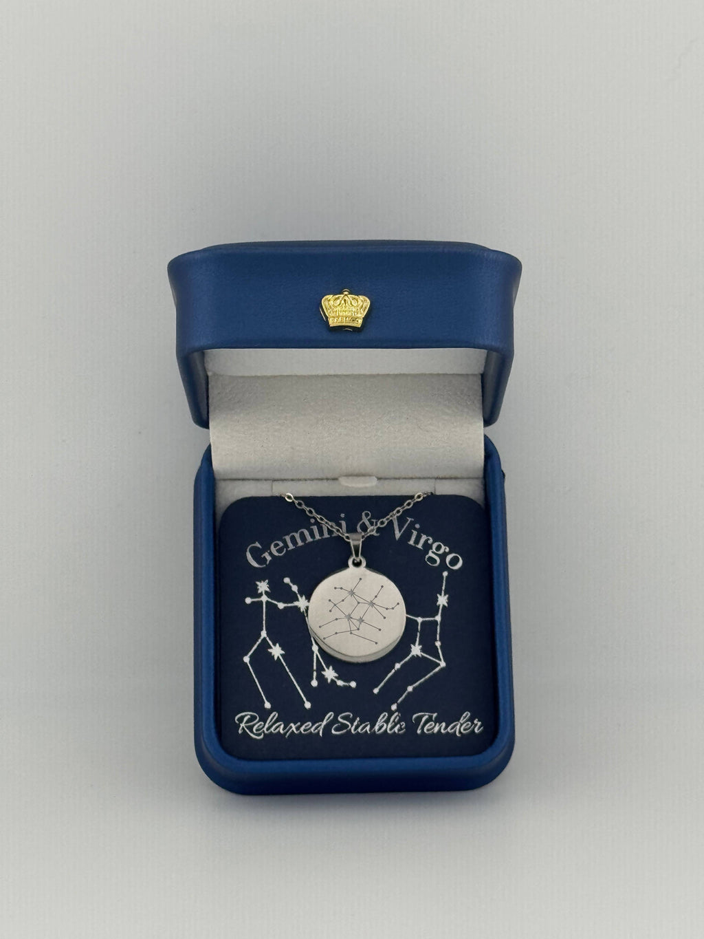  Silver Gemini + Virgo constellation medallion necklace in gift box with silver foil zodiac card
