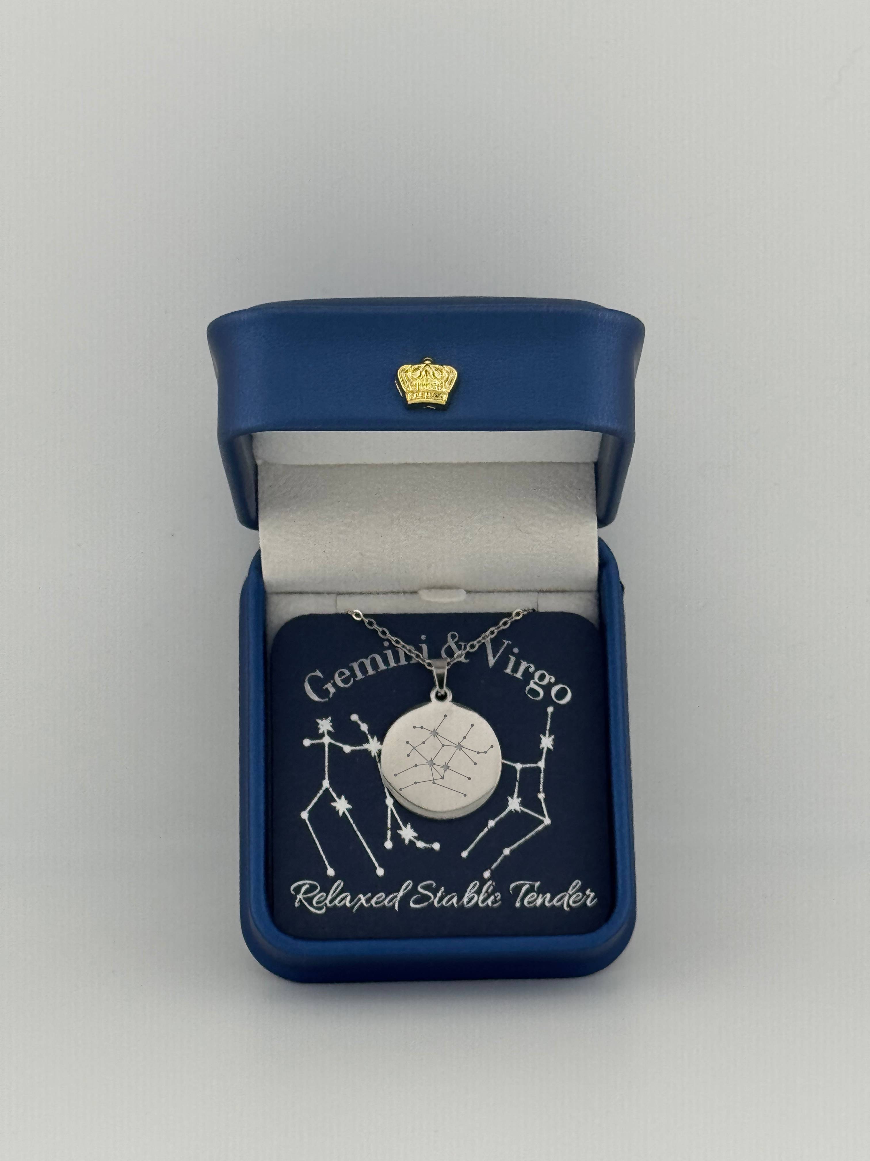  Silver Gemini + Virgo constellation medallion necklace in gift box with silver foil zodiac card
