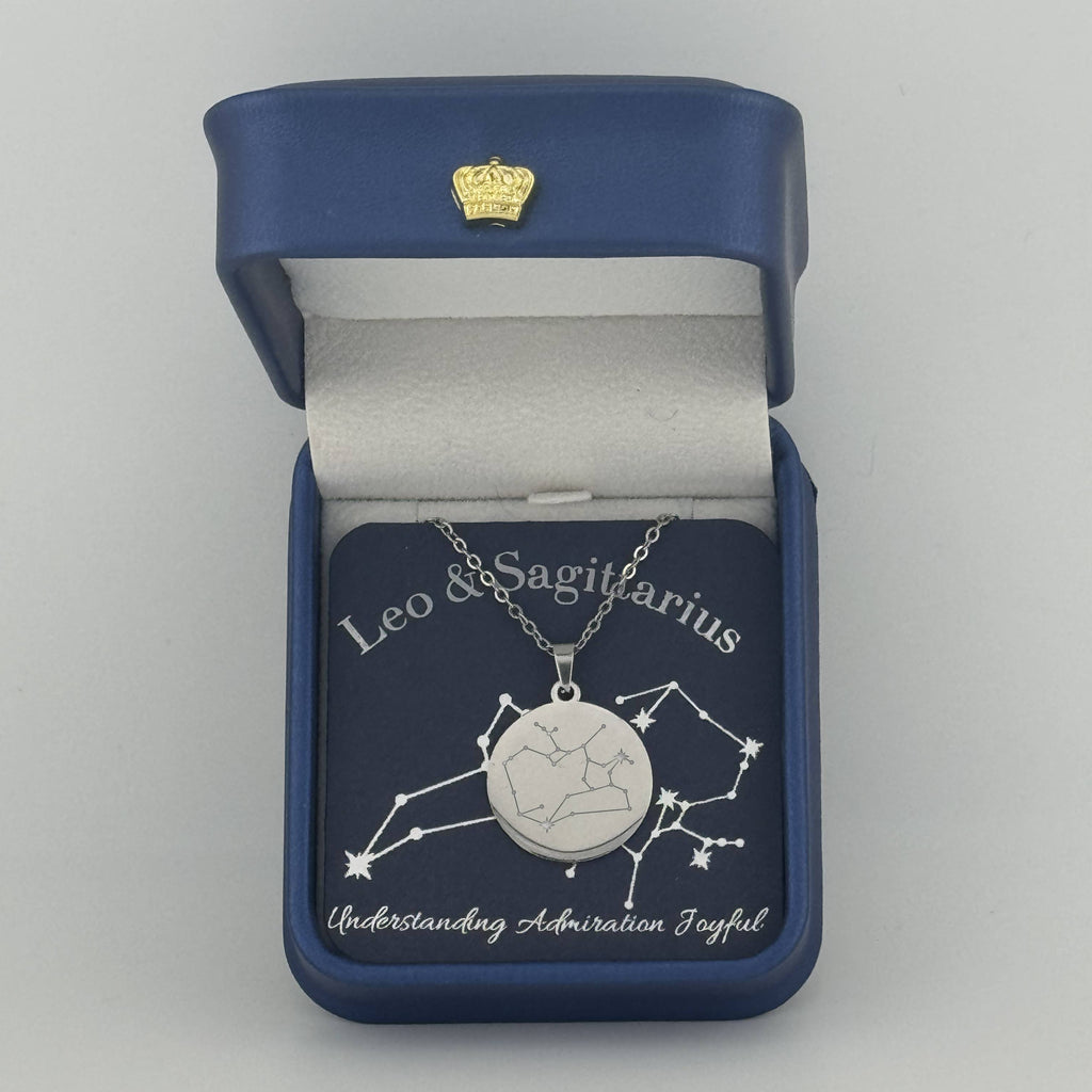 Silver Leo and Sagittarius constellation medallion necklace in gift box with silver foil zodiac card
