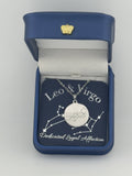 Silver Leo and Virgo constellation medallion necklace in gift box with silver foil zodiac card
