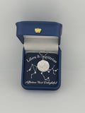 Silver Libra and Sagittarius constellation medallion necklace in gift box with silver foil zodiac card

