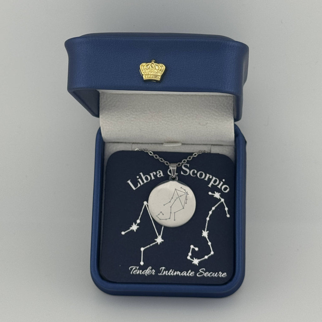 Silver Libra And Scorpio constellation medallion necklace in gift box with silver foil zodiac card
