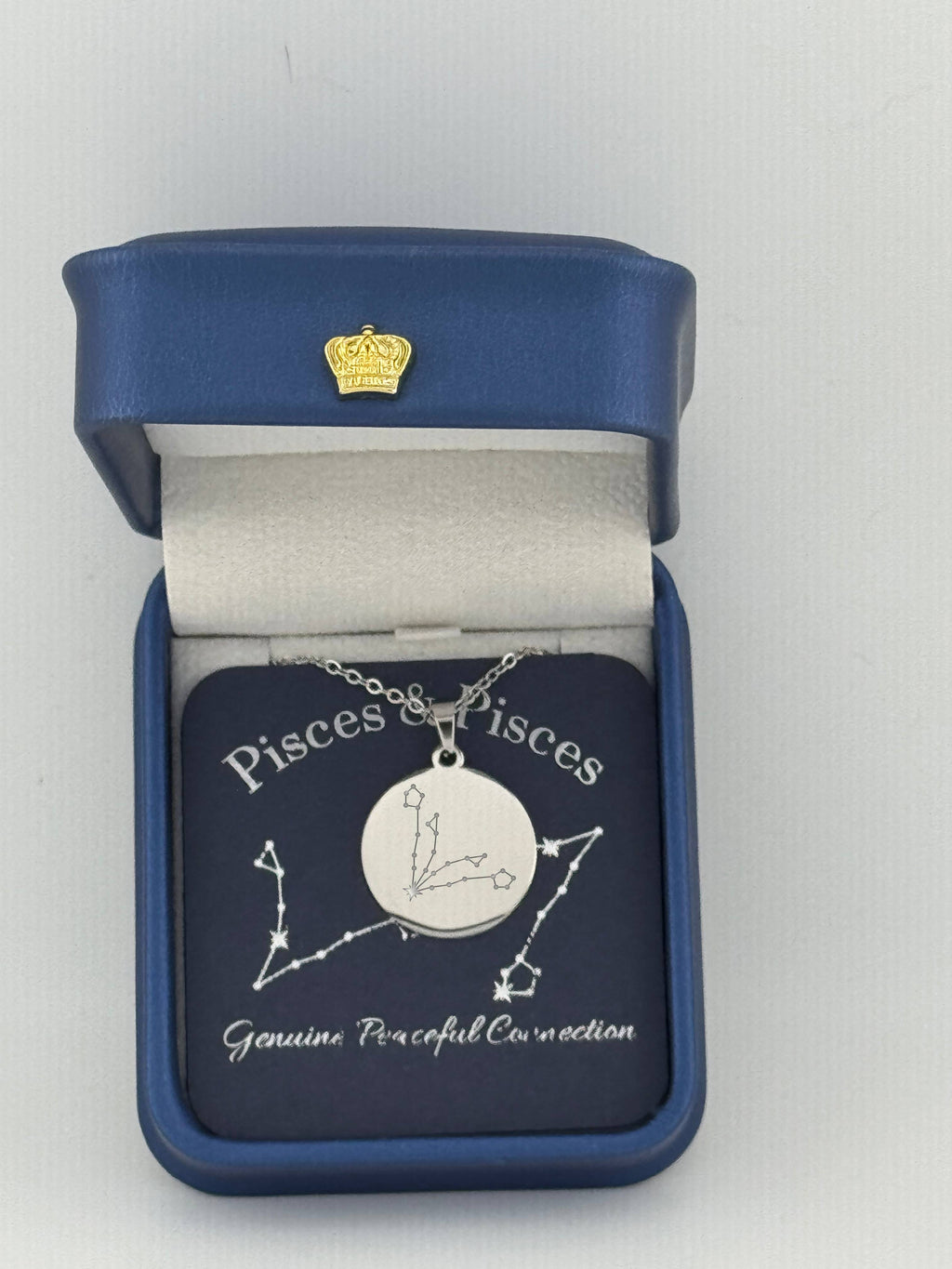 Silver Pisces and Pisces constellation medallion necklace in gift box with silver foil zodiac card
