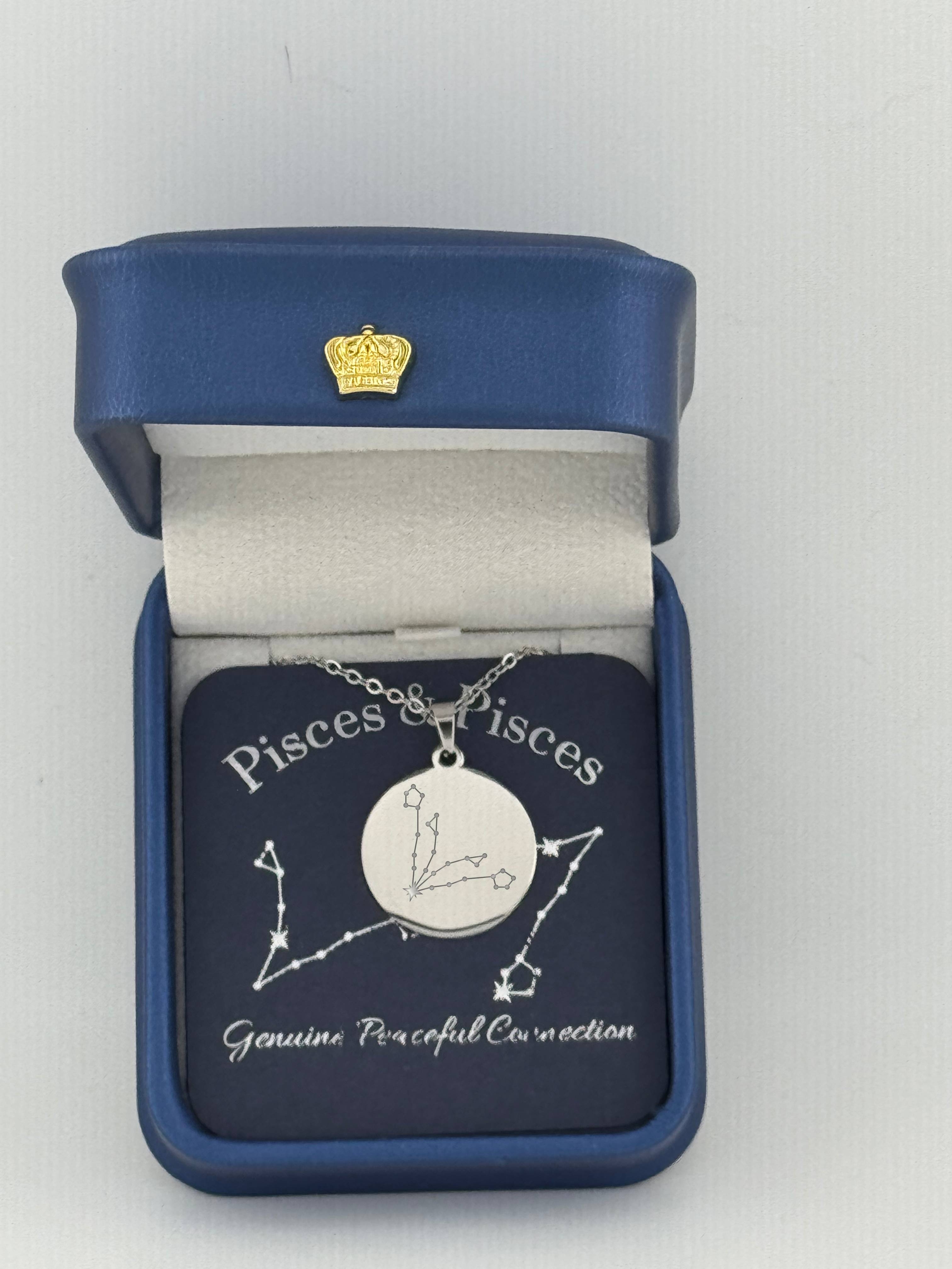 Silver Pisces and Pisces constellation medallion necklace in gift box with silver foil zodiac card

