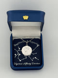 Silver Sagittarius and Aquarius constellation medallion necklace in gift box with silver foil zodiac card

