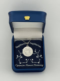Silver Sagittarius and Sagittarius constellation medallion necklace in gift box with silver foil zodiac card
