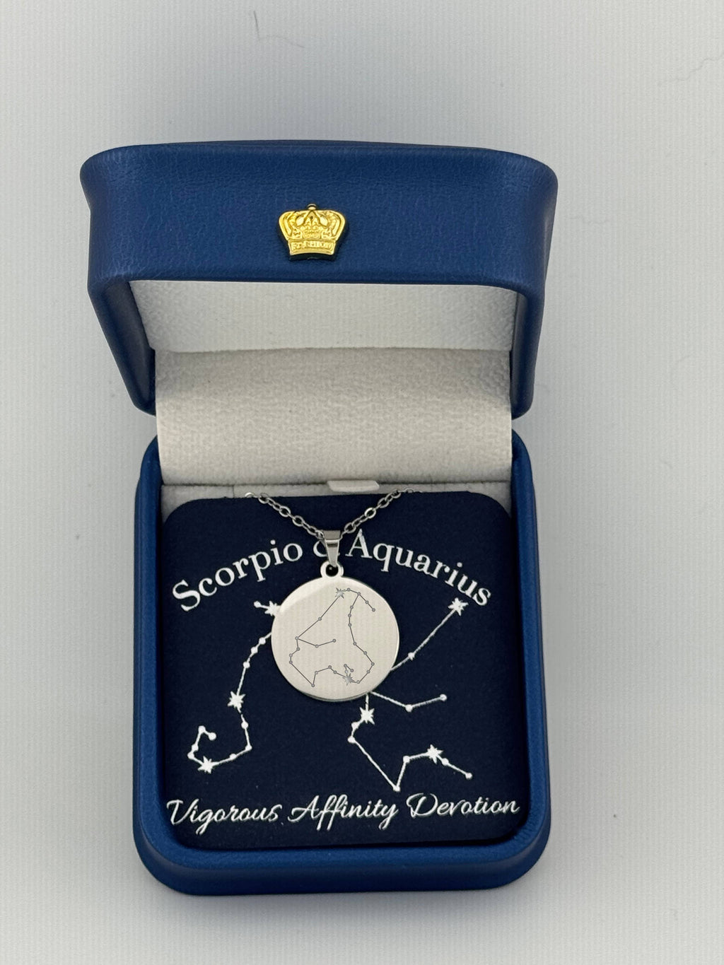 Silver Scorpio and Aquarius constellation medallion necklace in gift box with silver foil zodiac card
