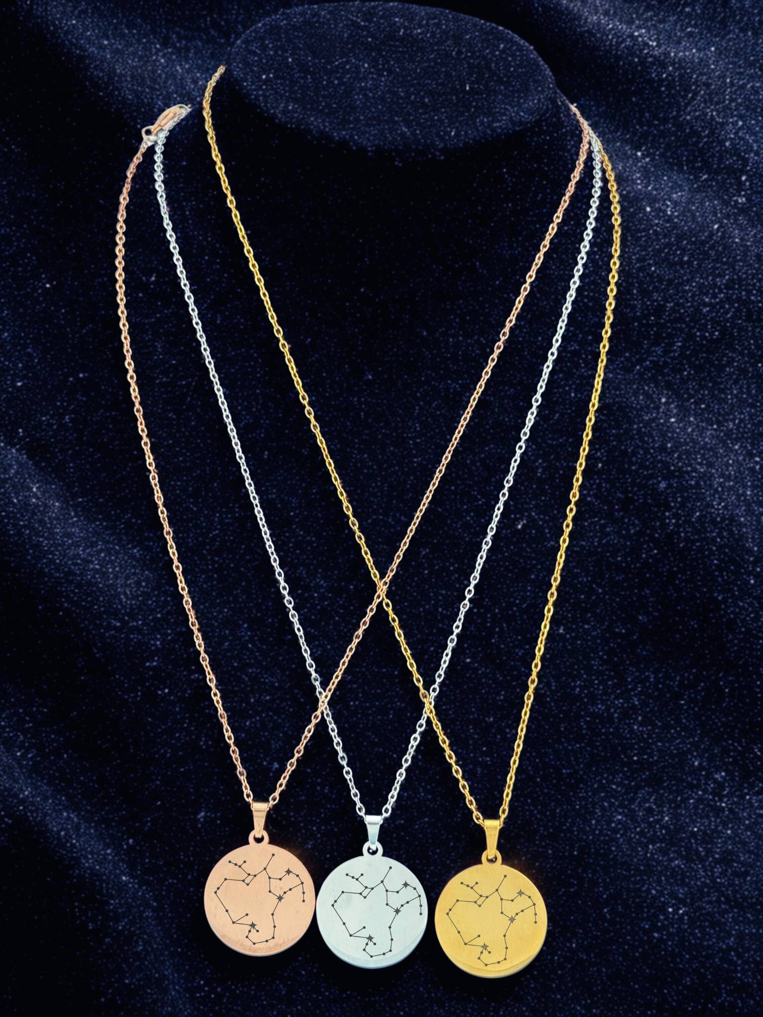 Scorpio and Sagittarius constellation medallion necklace in gold, silver, and rose gold finishes
