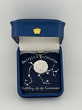 Silver Scorpio and Scorpio constellation medallion necklace in gift box with silver foil zodiac card
