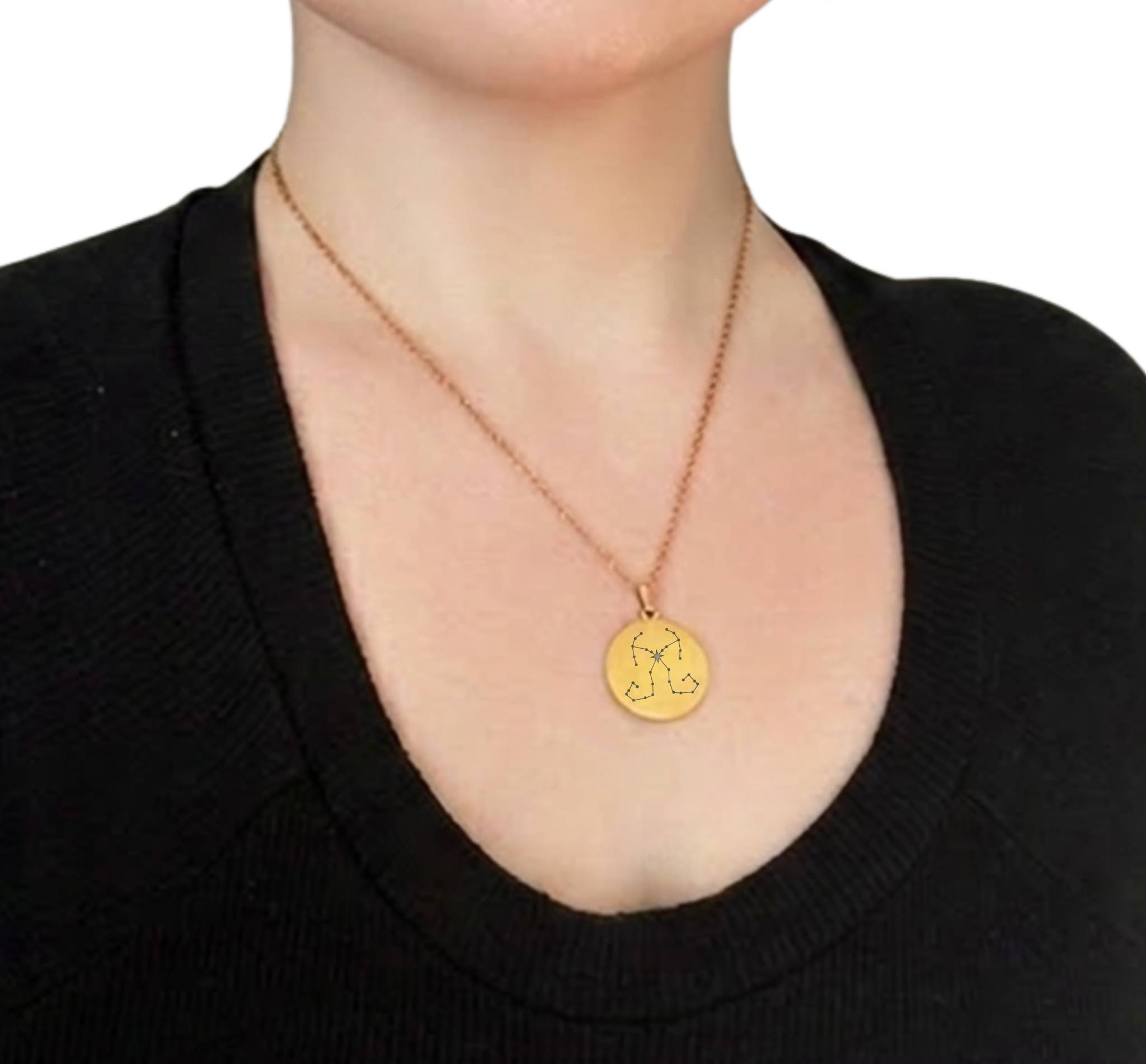 Woman wearing gold Scorpio and Scorpio constellation medallion necklace, constellation only design
