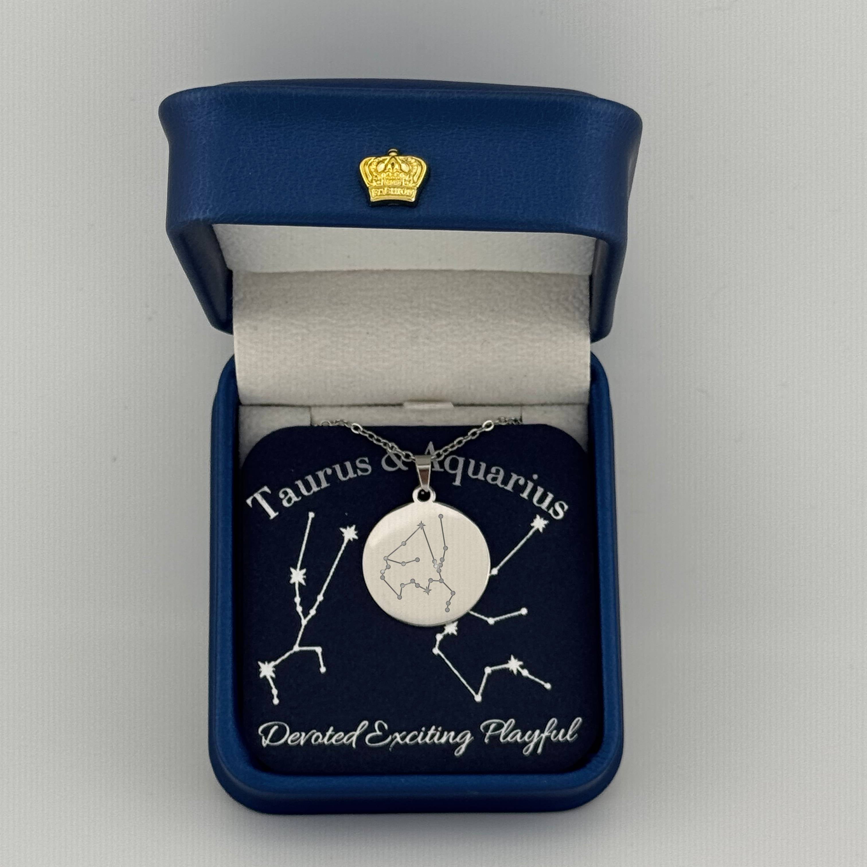  Silver Taurus and Aquarius constellation medallion necklace in gift box with silver foil zodiac card

