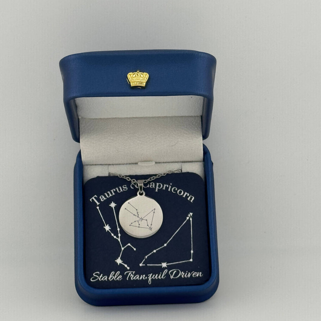 Silver Taurus + Capricorn  constellation medallion necklace in gift box with silver foil zodiac 