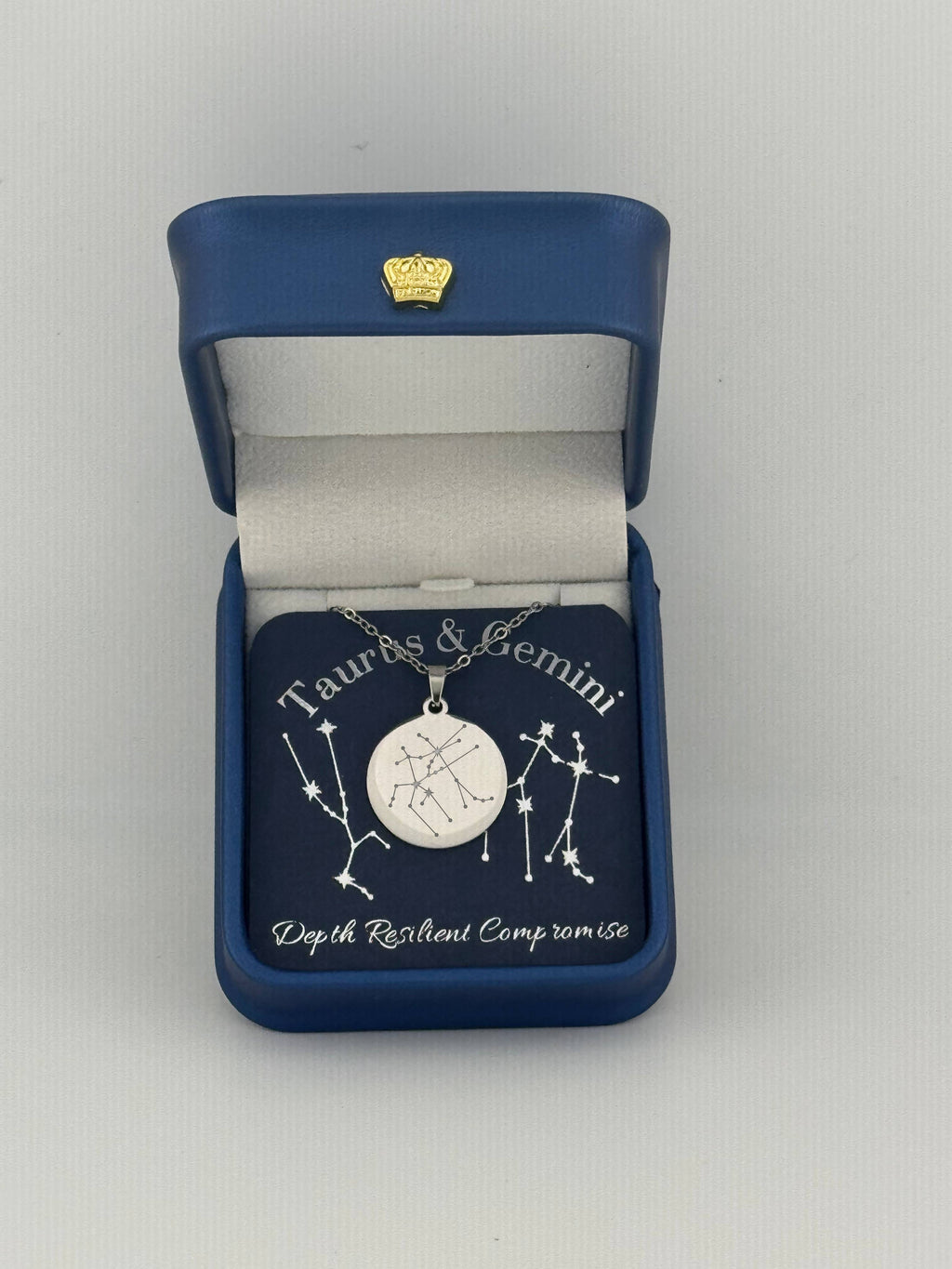  Silver Taurus + Gemini constellation medallion necklace in gift box with silver foil zodiac card
