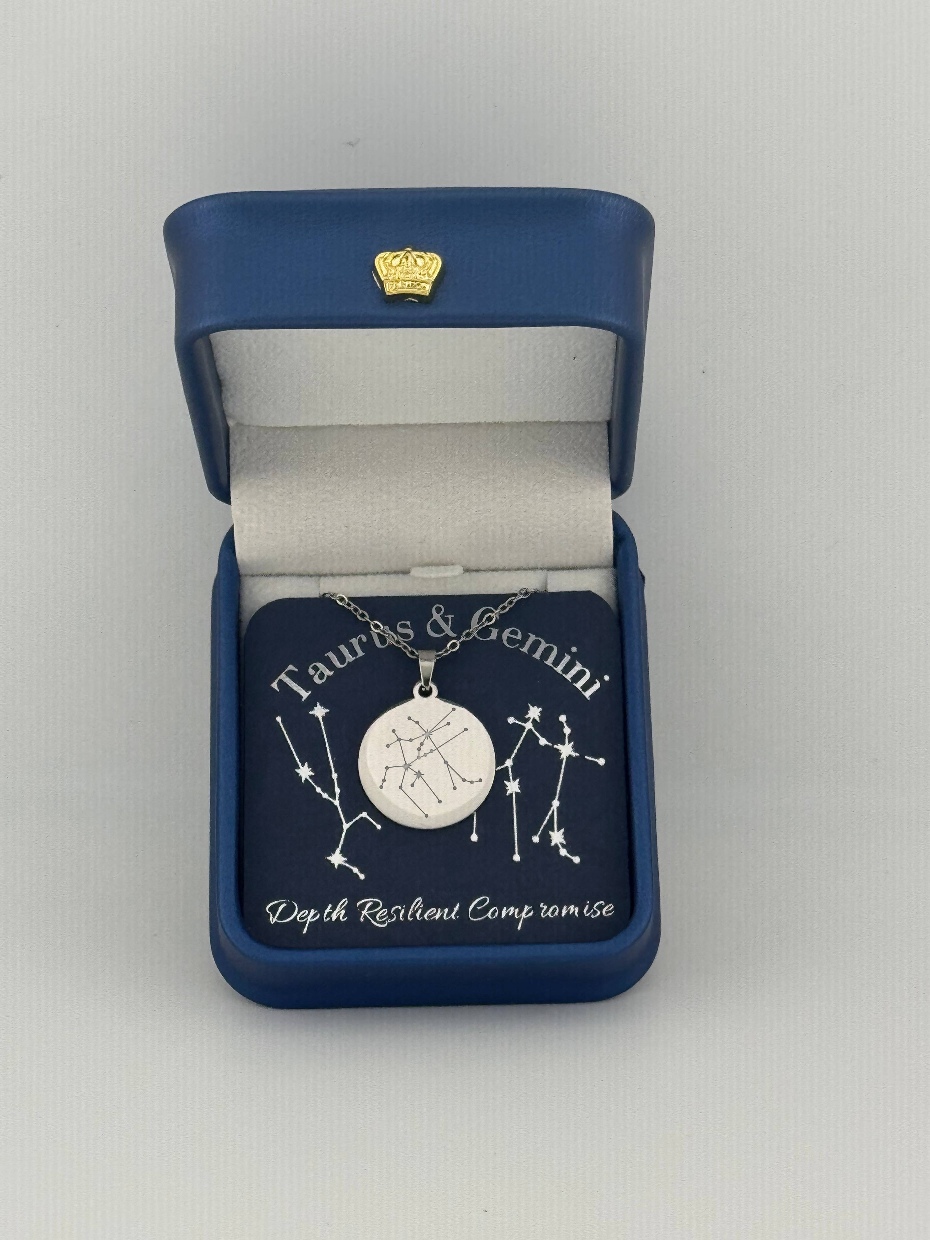  Silver Taurus + Gemini constellation medallion necklace in gift box with silver foil zodiac card
