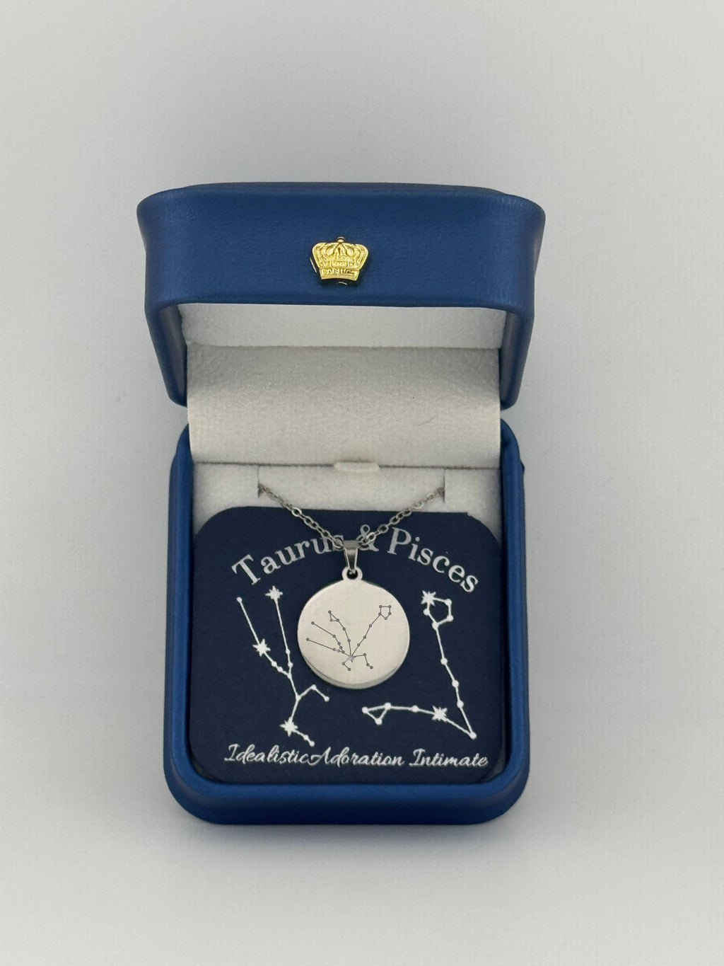  Silver Taurus + Pisces constellation medallion necklace in gift box with silver foil zodiac card
