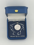 Silver Taurus+ Scorpio constellation medallion necklace in gift box with silver foil zodiac card
