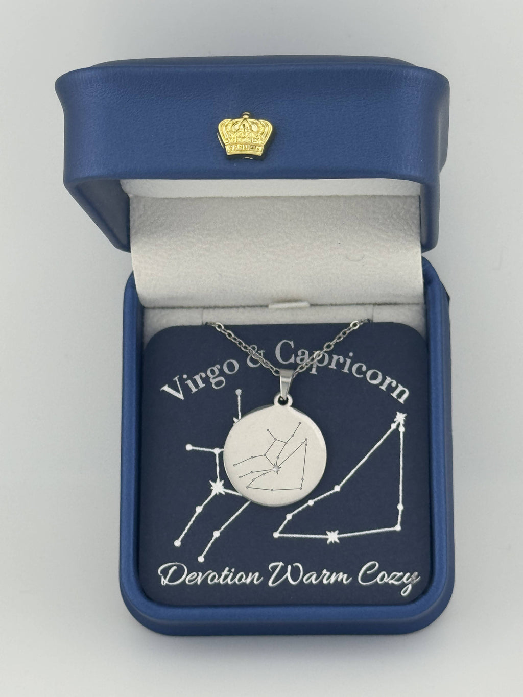 Silver Virgo Capricorn constellation medallion necklace in gift box with silver foil zodiac card
