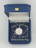 Silver Virgo Capricorn constellation medallion necklace in gift box with silver foil zodiac card
