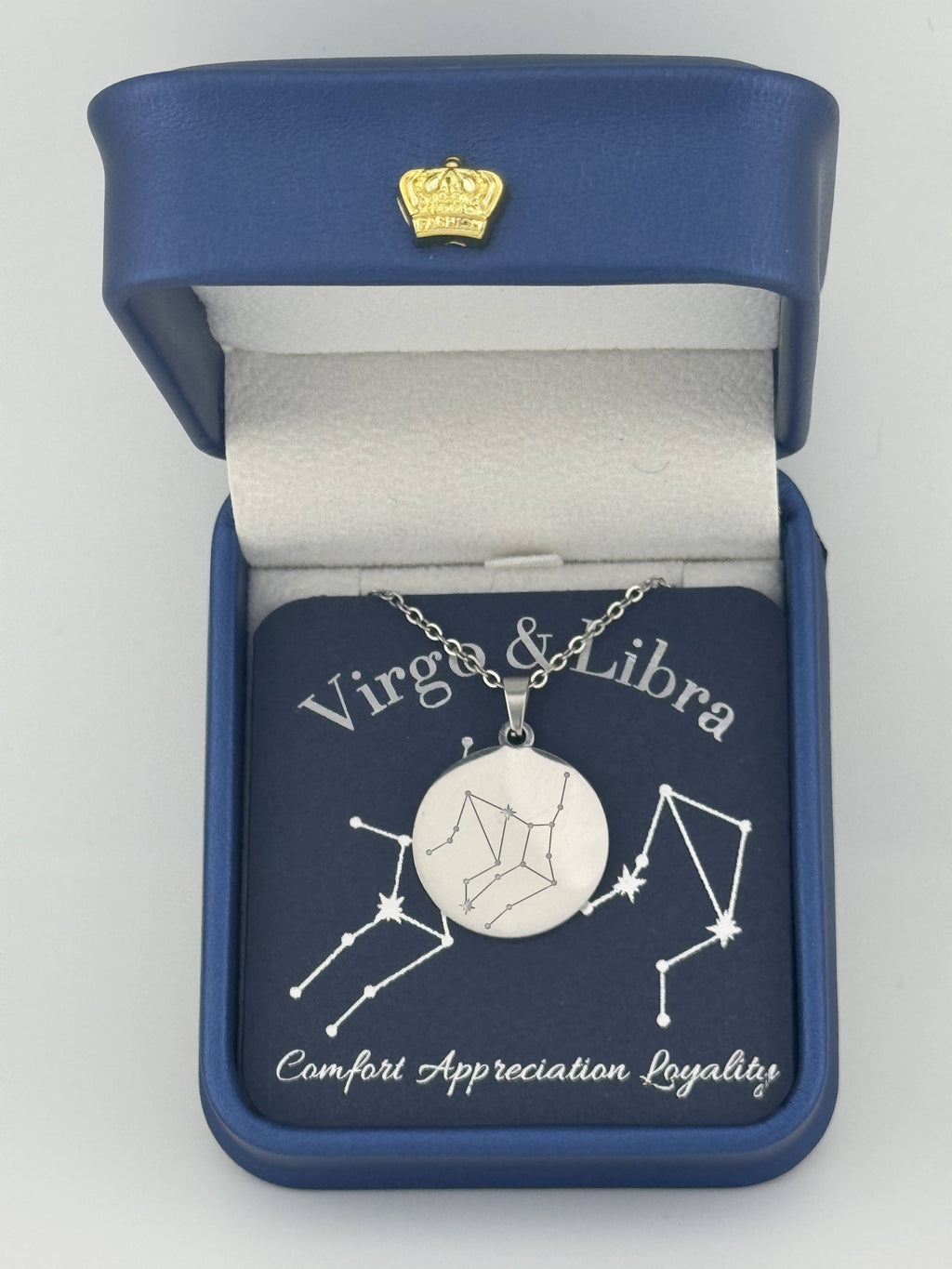 Silver Virgo and Libra constellation medallion necklace in gift box with silver foil zodiac card
