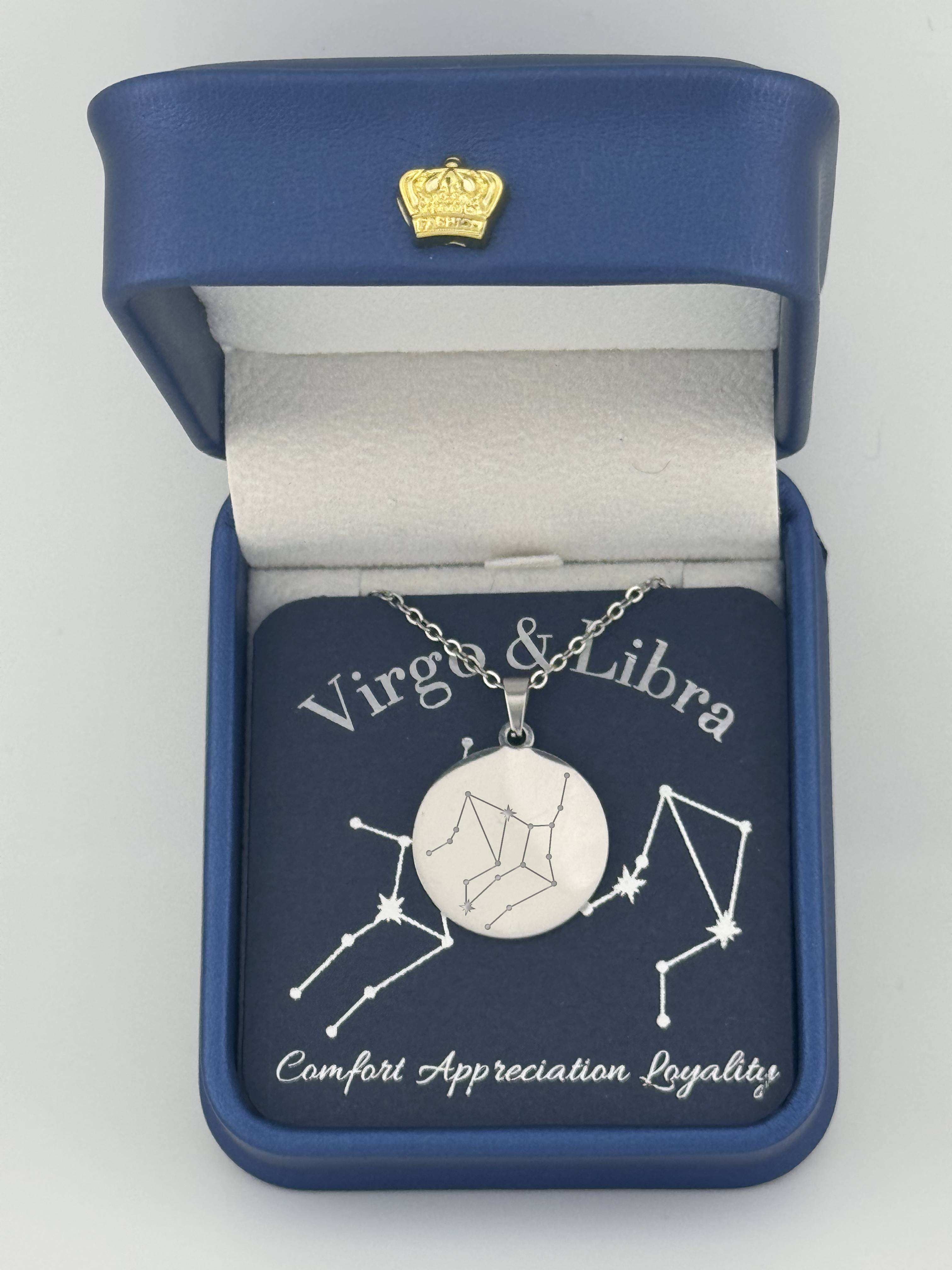 Silver Virgo and Libra constellation medallion necklace in gift box with silver foil zodiac card
